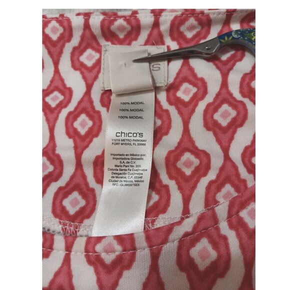 CHICO'S 3 Long Tunic‎ Top Modal Shirt XL Short Sleeves Soft Red White Geometric - Picture 6 of 9